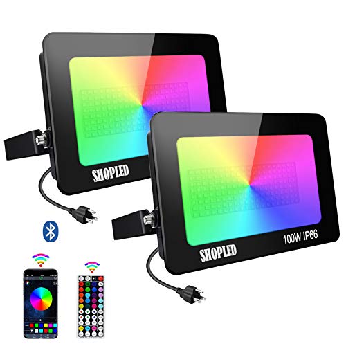SHOPLED 2 Pack 100W RGB LED Flood Light Bluetooth Smart Outdoor Color Changing Led Floodlights 16 Million Colors IP66 Waterproof Dimmable Remote Uplighting for Garden Landscape Party Stage Lights
