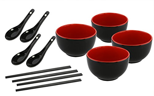 KOVOT Asian Cuisine Ceramic Serving Bowl Set - Includes (4) 20-Ounce Bowls, (4) Oriental Spoons, (4) Sets Of Chopsticks