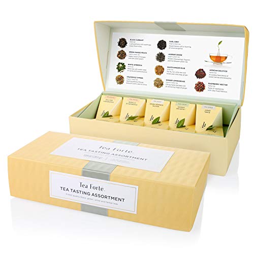 Tea Forte Tea Tasting Assortment Petite Presentation Box Tea Sampler, Assorted Variety Tea Box, 10 Handcrafted Pyramid Tea Infusers, Black Tea, White Tea, Green Tea, Herbal Tea