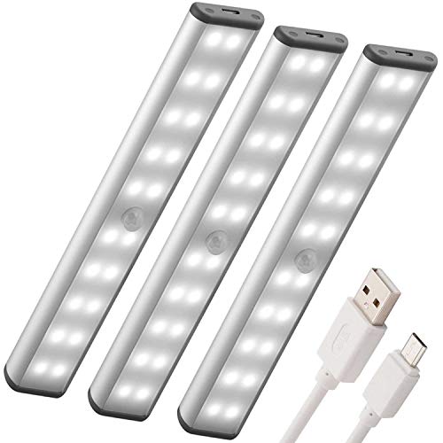 Motion Sensor Closet Lights, MOSTON 20 LED Wireless Under Cabinet Lighting with Built-in Rechargeable Battery, Stick-on Anywhere Magnetic Night Lamp for Cupboard Cabinet Kitchen Stairs,3 Pack