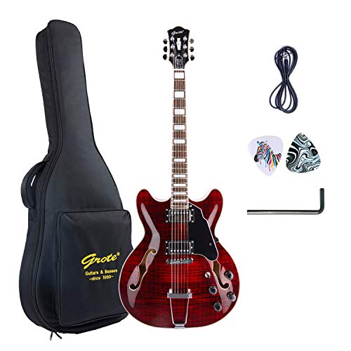 GROTE Jazz Electric Guitar Semi-Hollow Body Trapeze Tailpiece Bridge Guitar Gig Bag (RED)
