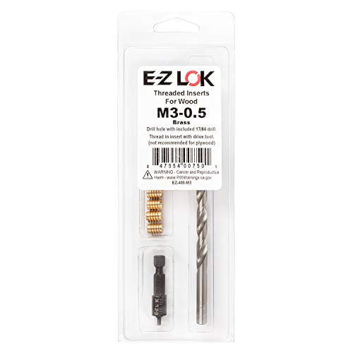 E-Z LOK 400-M3 Threaded Inserts for Wood, Installation Kit, Brass, Includes M3-0.5 Knife Thread Inserts (10), Drill, Installation Tool