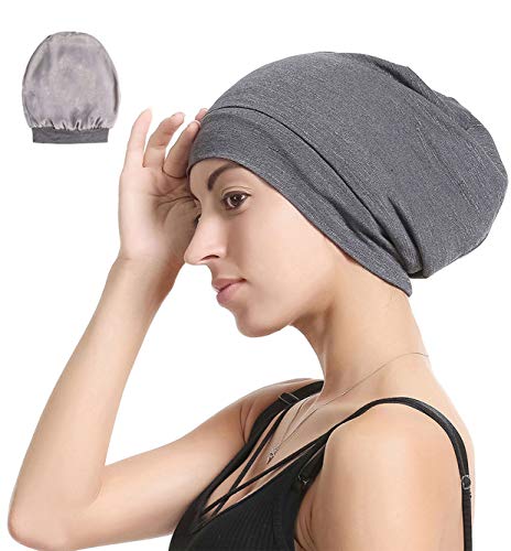 Slap Night Cap Sleep Hat Beanie - Dark Grey Women Organic Bamboo Satin Silk Lined Bonnet Surgical Cap Summer Scarf Hair Cover for Lady Lightweight Light Thin Jersey Chemo, Gifts for Women