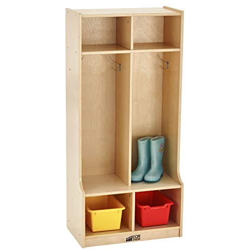 ECR4Kids Birch School Coat Locker for Toddlers and Kids, 2-Section Coat Locker with Bench and Cubby Storage Shelves, Commercial or Personal Use, Certified and Safe, 48” High, Natural