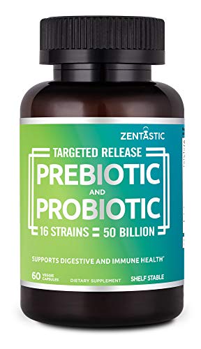 Zentastic Probiotics & Prebiotics Supplement - 50 Billion CFU - for Men & Women’s Immune & Digestive Health - 16 Strains - Shelf Stable - 60 Delayed Release Veggie Capsules