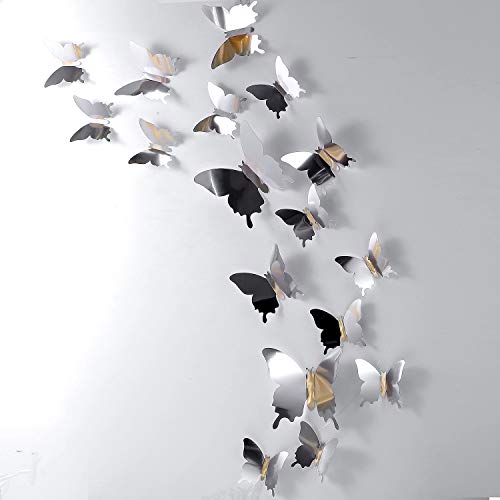 BBTO 48 Pieces DIY Mirror Butterfly Combination 3D Butterfly Wall Stickers Decals Home Decoration (Silver)