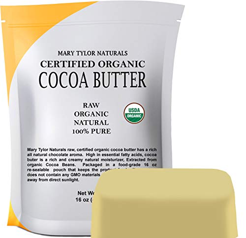 Organic Cocoa Butter (1 lb), USDA Certified by Mary Tylor Naturals Raw Unrefined, Non-Deodorized, Rich In Antioxidants for DIY Recipes, Lip Balms, Lotions, Creams, Stretch Marks
