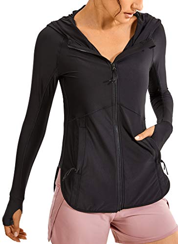 CRZ YOGA UPF 50+ Swimsuit Cover Ups for Women Quick Dry Long Sleeve Jacket Lightweight Workout Full Zip Hoodie Black X-Large