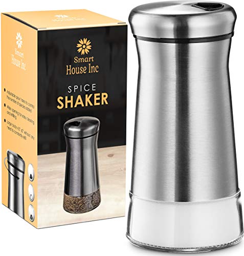 Salt Shaker or Pepper Shakers - Spice Dispenser with Adjustable Pour Holes - Stainless Steel & Glass -Set of 1 Bottle By Smart House Inc