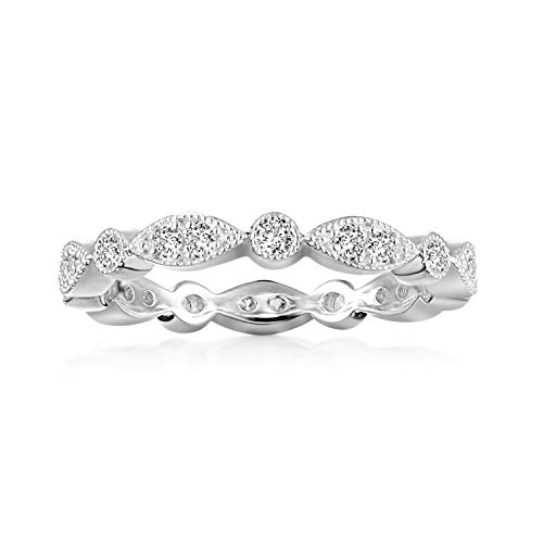 PAVOI 14K White Gold Plated Rings Cubic Zirconia Band | Round Milgrain Eternity Bands | White Gold Rings for Women Size 8