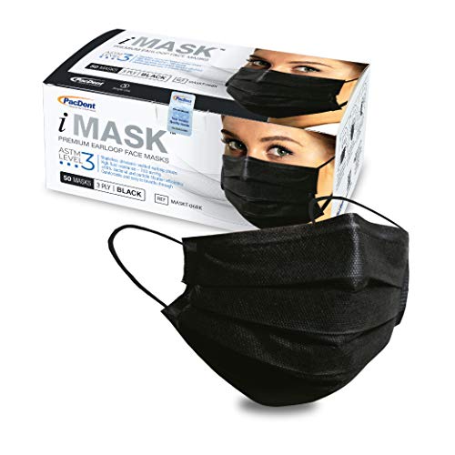 Pac-Dent iMask Premium Medical Grade ASTM Level 3 Face Masks, Certified by Nelson Labs, Black, 50-Pack