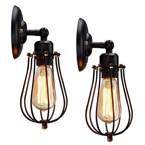 KingSo Rustic Wall Sconces 2 Pack, Wire Cage Wall Sconce, Black Hardwire Industrial Wall Light Fixture, Vintage Style Wall Lamp for Home Decor Headboard Bathroom Bedroom Farmhouse Porch Garage