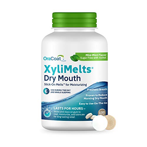 OraCoat XyliMelts Dry Mouth Relief Moisturizing Oral Adhering Discs Mild Mint with Xylitol, for Dry Mouth, Stimulates Saliva, Non-Acidic, Day and Night Use, Time Release for up to 8 Hours, 100 Count.