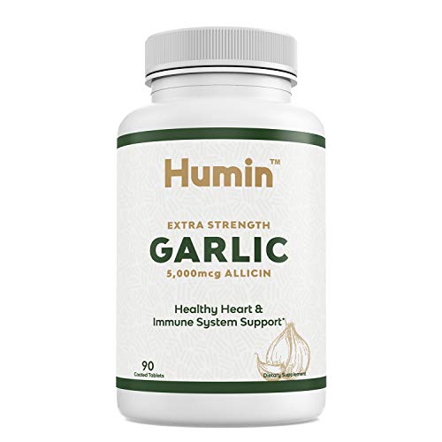 Garlic Supplement with 5000mcg of Allicin - Easy to Swallow Tablets for Extra Strength Heart Health & Blood Pressure Support - Vegan & Non-GMO - 90 Day Supply