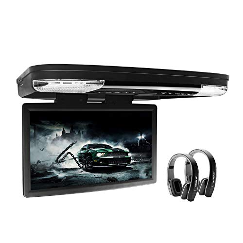 XTRONS 15.6 Inch 1080P Video HD Digital Widescreen Car Overhead Coach Caravan Roof Flip Down DVD Player HDMI Port New Version Black IR Headphones Included