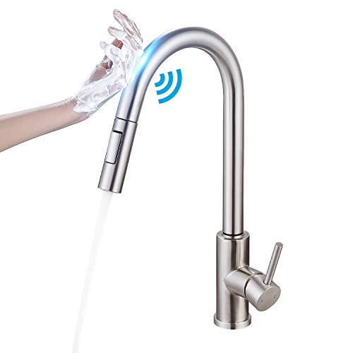 HGN Touch On Kitchen Faucets with Pull Down Sprayer,Sensor Faucets for Kitchen Sinks,Single Hole Single Handle Touch Activated Faucet ,304 Stainless Steel , Brushed Nickel,not Including Hole Cover