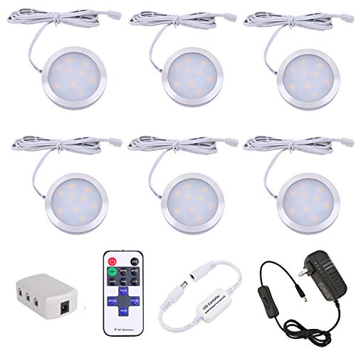 AIBOO Dimmable LED Under Cabinet Lighting, Counter Showcase Kitchen Lighting Fixtures with 12V Plug in adapter and Dimmable Wireless Remote Control, 6 Ultra Slim Puck Lights Kit (Warm White)