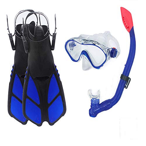 Ertong Children Snorkel Set Kids Scuba Diving Equipment Packages Including Adjustable Swimming Fins/Flippers + Automatic Breathing Tube + Tempered Glass Lens Snorkeling Mask (Blue)
