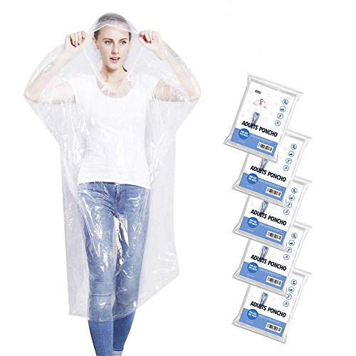 5 Pack Emergency Rain Ponchos for Adults, Disposable Drawstring Hood Poncho for Outdoors, Theme Parks, Hiking, Camping, School Sporting Corporate Events Group Activity - Clear