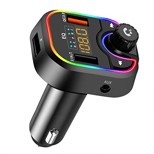 Bluetooth FM Transmitter for Car, V5.0 3 USB Port Wireless Radio Transmitter Adapter Receiver with 5 EQ Modes, QC3.0 & 7 Colors LED Backlit Hands Free Car Kit and Battery Voltage Reading