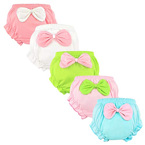 Baby Girls Bloomers Newborn Infant Toddler Diaper Covers Briefs Underwear Set with Cotton Bow Ruffle for Kids Girls 0-4T (0-12 Months, 5-Pack)