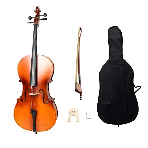Acoustic Cello Wood Color Beautiful Varnish Finishing，with Soft Case, Bow, Rosin and Bridge，Size 4/4 (Matte Natural)