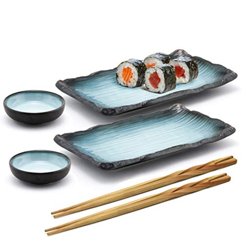 Happy Sale, 6 Piece Japanese Style Sushi Plate Dinnerware Set (GreyBlue)