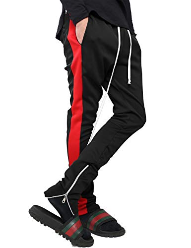 Mens Stripe Track Pants Skinny Fit Stretch Trouser Elastic Jogger 1VWA0006 (Medium, p122_Blk/Red)