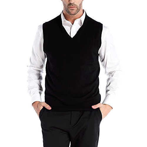 Kallspin Men's Cashmere Wool Blend Relax Fit V Neck Vest Sweater Knit Sleeveless Pullover, Black, Large