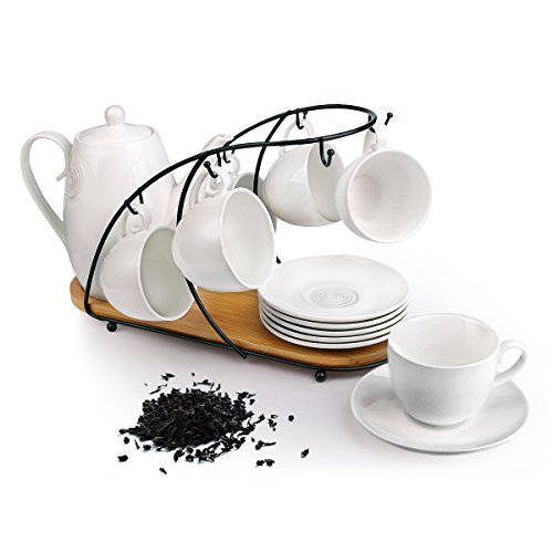 Ceramic Tea Cup Set, including 6 pcs Tea Cup and Saucer with 1 teapot Bamboo Rack, for Home and Office Coffee Teaparty by Pukka Home (Service for 6 (5 oz)) …