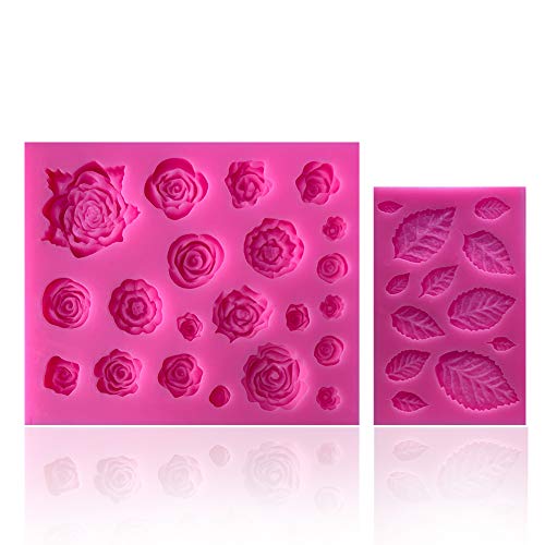SIENON 33 Cavity Rose Flowers and Leaves Fondant Candy Silicone Molds For Sugarcraft, Cupcake Toppers, Soap, Polymer Clay,Crafting Projects，Wedding and Birthday Cake Decoration