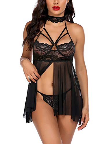 Ekouaer Women Lingerie Lace Baby Doll Sexy Outfits Backless Chemise with Choker (Black, Large)