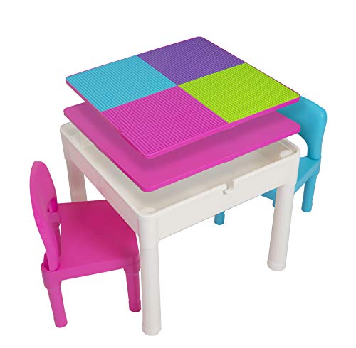 Kids Activity Table Set - 5 in 1 Water Table, Building Block Table, Craft Table and Sensory Table with Storage - Includes 2 Chairs and 25 Ex-Large Blocks – Pastel Colors