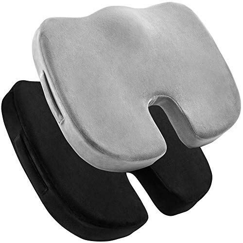 2 Pack Comfort Seat Cushion – Memory Foam Tailbone Pillow Pad for Sitting, Office, Computer Desk Chair, Car, Travel – Contoured Posture Corrector for Sciatica, CoccyxBack Pain Relief (Black and Grey)