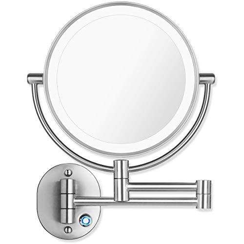 AmnoAmno 8.5' LED Double Sided Swivel Wall Mount Vanity mirror-10x Magnification,13.7' Extension,Touch Button Adjustable Light,Chromium,Shaving in Bedroom or Bathroom (8.5 Inch)
