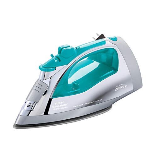 Sunbeam Steammaster Steam Iron | 1400 Watt Large Anti-Drip Nonstick Stainless Steel Iron with Steam Control and Retractable Cord, Chrome/Teal