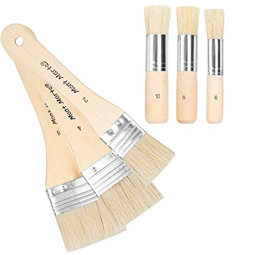 Chip Paint Brushes & Wooden Stencil Brush, Natural Bristle Paintbrush for Walls, Flat Chip Brush & Round Paintbrush - Painting or Waxing and Chalk, Good for Wall Painting, Stains, Oil, Wax, Set of 6