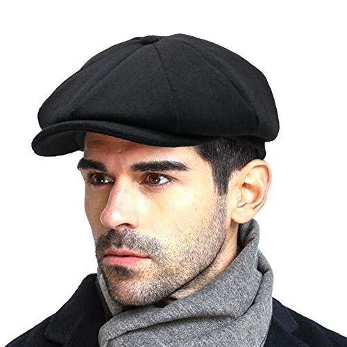 Men’s Vintage Newsboy Gatsby Hat Blend Wool Flat Ivy Cabbie Autumn Winter Cap Boyfriend Gift (L/XL) Black