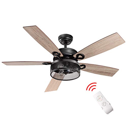 Tangkula LED Ceiling Fan 48-Inch, Rustic Fan with 3 Lights for Indoor, Low Profile Retro Fan Light with 5 Iron Reversible Blades, Industrial Cage Light & Remote Control, Fan Lamp (Matte Black)