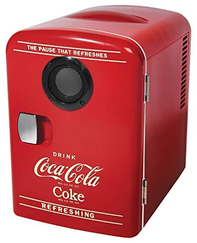 Coca-Cola KWC4-BT Thermoelectric Mini Fridge Retro Cooler and Warmer - with Bluetooth Speaker - 4 Liter/6 Can - for Home, Office, Car, Dorm or Boat - Compact & Portable - AC & DC Plugs Included, Red