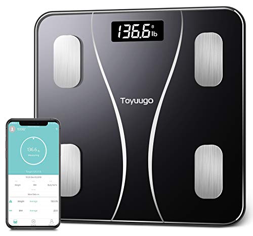 Toyuugo Bluetooth Body Fat Scale, Smart Wireless BMI Bathroom Weight Scale Body Composition Monitor Health Analyzer with Smartphone App for Body Weight, Fat, Water, BMI, BMR (Black)