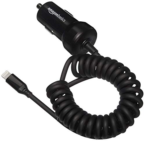 AmazonBasics Coiled Cable Lightning Car Charger, 1.5 Foot, Black