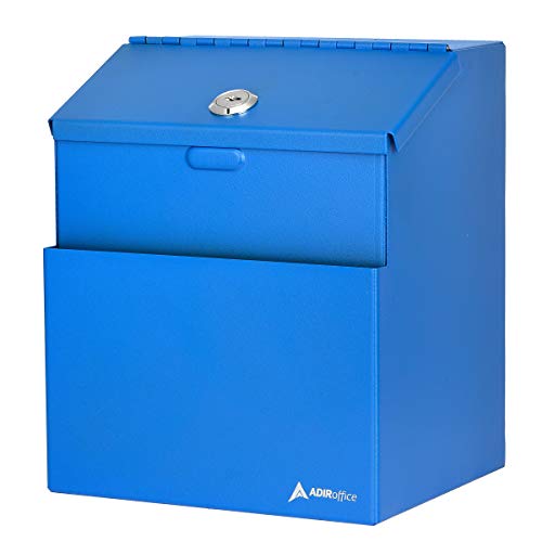 Adir Wall Mountable Steel Suggestion Box with Lock - Donation Box - Collection Box - Ballot Box - Key Drop Box (Blue) with 25 Suggestion Cards