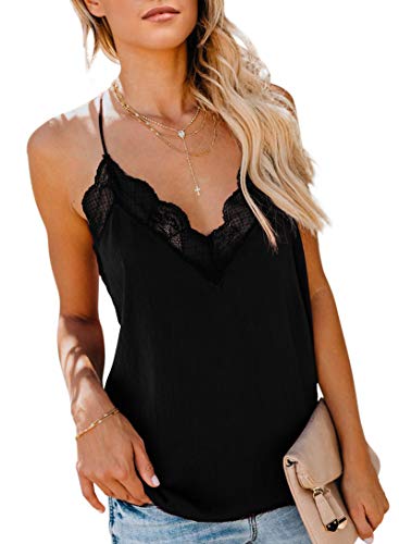 Astylish Women Ladies Sexy V Neck Ruffle Sleeveless Blouses Spaghetti Strap Tank Tops Camisole Shirts Medium 8 10 Black