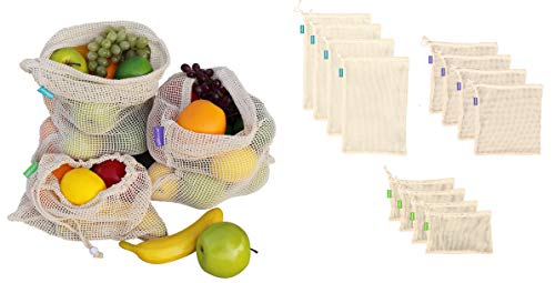 Earthwise Reusable Cotton Produce Bags Premium Set of 12 Grocery Bags Durable, Eco Friendly Material for Fruit and Vegetable Transport and Storage