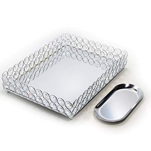 Lindlemann Mirrored Crystal Vanity Tray - Ornate Decorative Tray for Perfume, Jewelry and Makeup (Rectangle 12 x 9 inches, Silver)