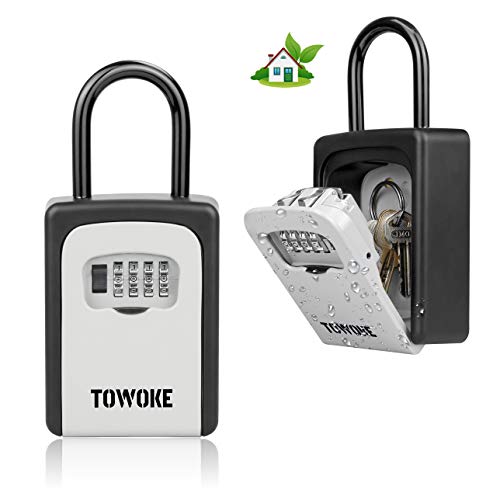 TOWOKE Key Lock Box For Outside - Weatherproof Lock box For House Key, Resettable 4-Digit Combination Lockbox, Key Storage with Loop for House, Hotels, Airbnb, Schools, Large Capacity -Updated Version