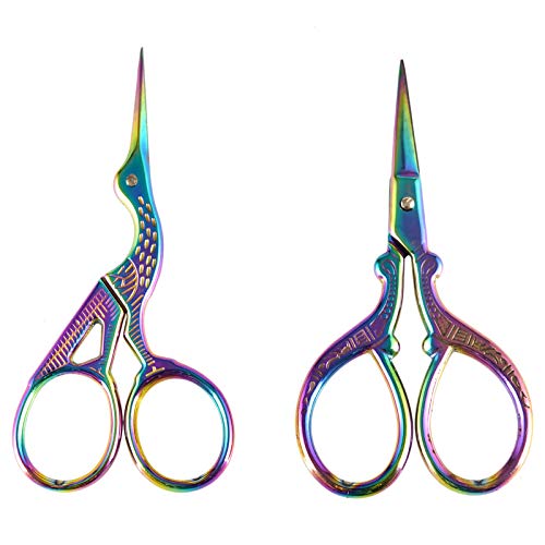 AQUEENLY Embroidery Scissors, Stainless Steel Sharp Stork Scissors for Sewing Crafting, Art Work, Threading, Needlework - DIY Tools Dressmaker Small Shears - 2 Pcs (3.6 Inches, Rainbow)