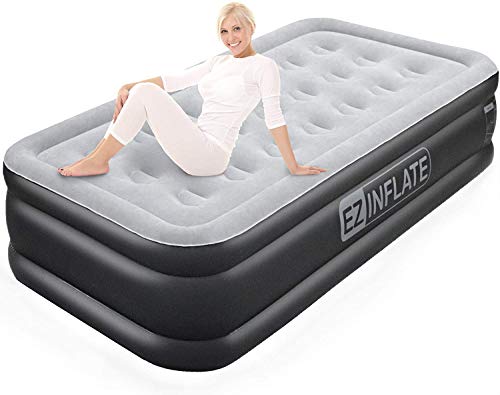 EZ INFLATE Double High Luxury Twin Air Mattress with Built in Pump, Inflatable Mattress, Twin airbed with Flocked top, All Purpose Twin Blow up Bed, Home Camping Travel with a 2 Year Warranty
