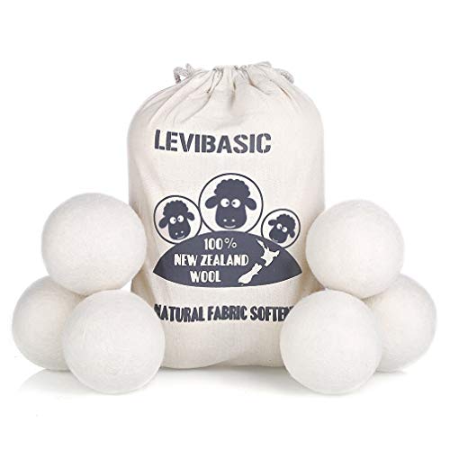 Wool Dryer Balls 6 Pack XL, 3' Genuine New Zealand Wool to Core, 100% Organic Fabric Softener Alternative, Baby Safe & Chemical Free, Reduce Wrinkles & Shorten Drying Time by LEVIBASIC (White-6pcs)